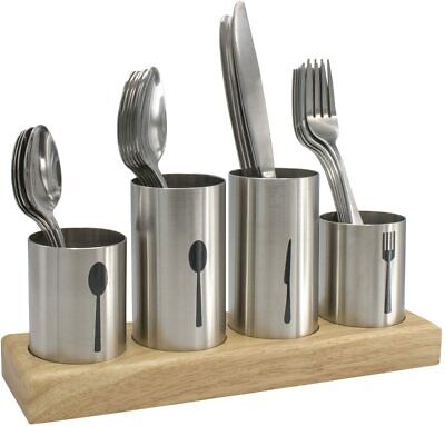 Stainless steel fork and spoon set on a wooden base.