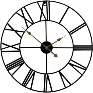 A black wall clock with roman numerals on a white background.