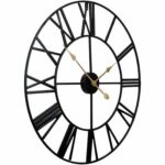 A black wall clock with roman numerals on it.