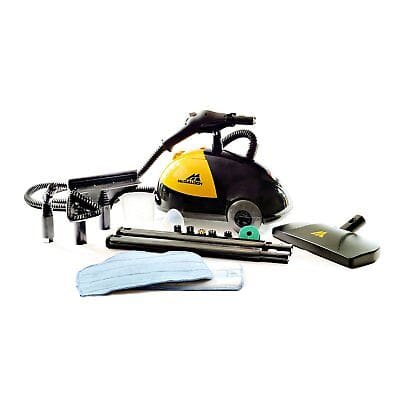 A black and yellow steam cleaner with accessories.