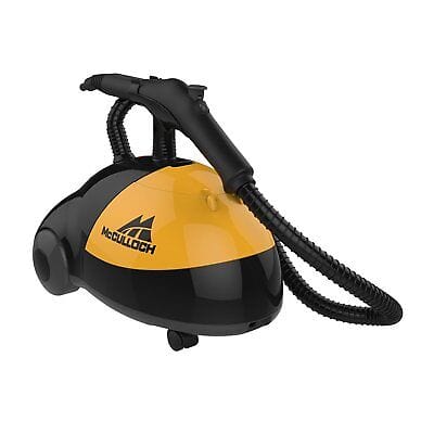 A yellow and black steam cleaner on a white background.