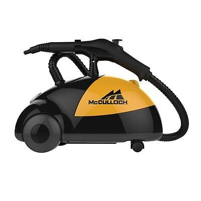 A black and yellow steam cleaner on a white background.