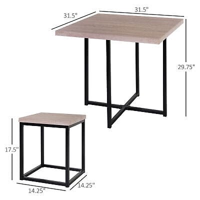 A table and stool set with measurements.