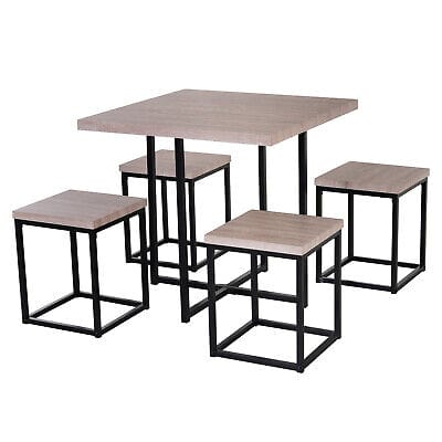 A dining table set with four stools.