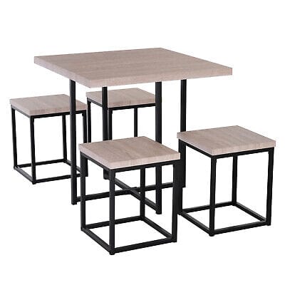 A dining table set with four stools.