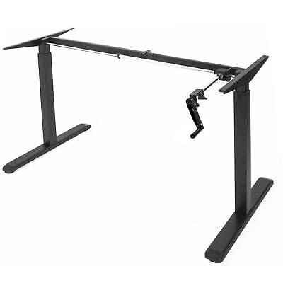 A black standing desk with an arm on it.