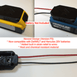 Three images of a battery adapter for dewalt and hercules 20v batteries, highlighting its design features such as strain relief and chemical-resistant material.