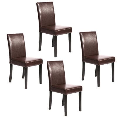 Four brown leather dining chairs on a white background.