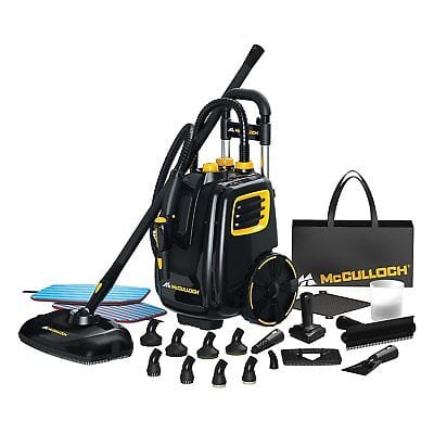 A black and yellow vacuum cleaner with accessories.