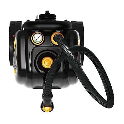 A black and yellow air compressor with a hose attached to it.