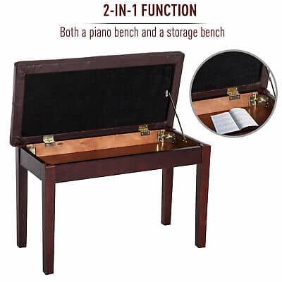 A piano bench with a storage compartment and an open book.