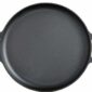 A black oval cast iron pan on a white background.