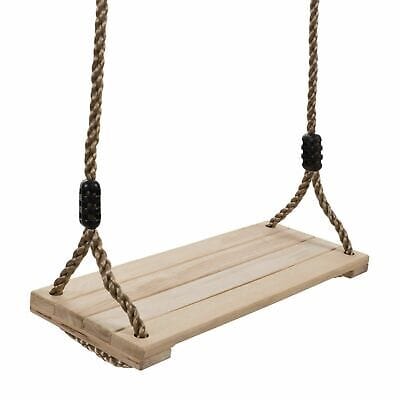 A wooden swing with rope on it.
