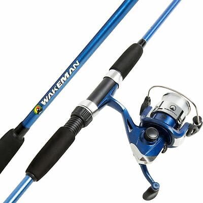 A blue fishing rod and reel on a white background.