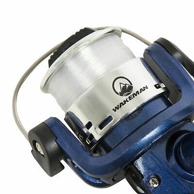 A blue fishing reel on a white background.