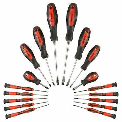 A set of screwdrivers with red and black handles.