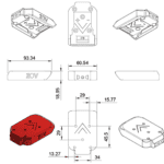 Technical diagrams and dimensions of a battery pack, including top, bottom, and side views with detailed measurements in millimeters.