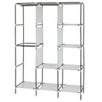 A black and white shelving unit with shelves.