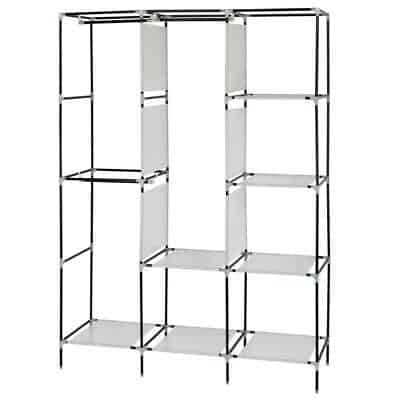 A black and white shelving unit with shelves.