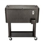 A black wicker cooler on wheels.