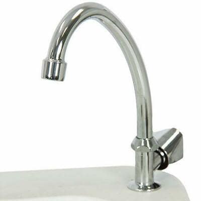 A chrome sink faucet with a chrome handle.