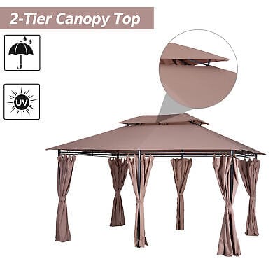 A gazebo with two canopy tops and two umbrellas.