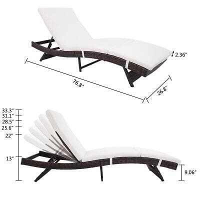 Two chaise loungers with white cushions and measurements.