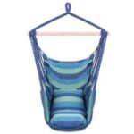 A hanging chair with blue and green stripes.