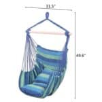 A blue and green hanging chair with measurements.