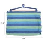 A blue and green striped bag with measurements.