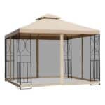 A beige gazebo with netting on top.