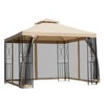 A beige gazebo with netting on top.