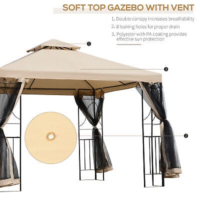 Soft top gazebo with netting and vent.
