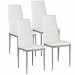 A set of four white dining chairs on a white background.