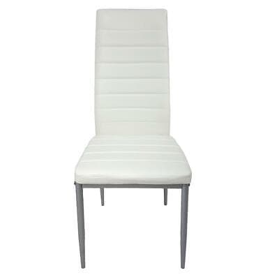 A white dining chair with a metal frame.