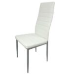 A white dining chair with a metal frame.