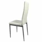 A white dining chair with a metal frame.