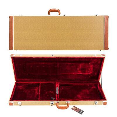A tan guitar case with two compartments.