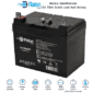 12v 35ah sealed lead acid battery by raion, showing terminals, dimensions, and various certification logos on a white background.