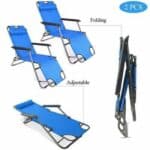 A set of blue folding lounge chairs.