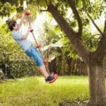 A boy is swinging on a rope in a tree.