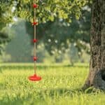 A red bird feeder hanging from a tree.