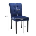 A blue velvet dining chair with measurements.