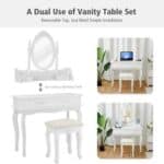 A dual use vanity table set with a mirror and stool.