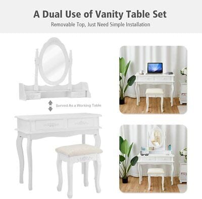 A dual use vanity table set with a mirror and stool.