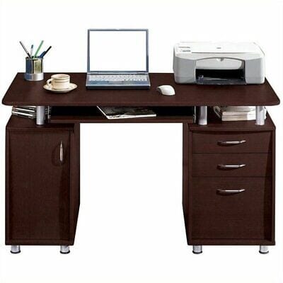 A brown computer desk with a printer and printer.