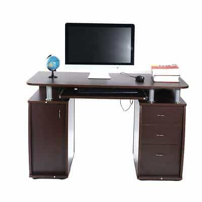 A computer desk with two drawers and a monitor.