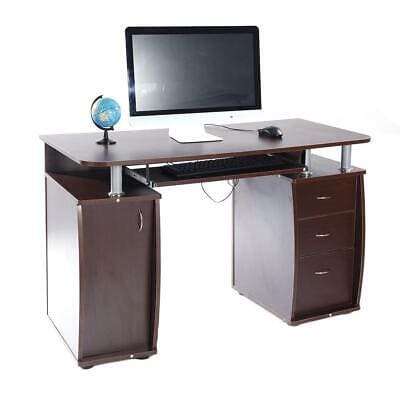 A computer desk with two drawers and a globe.