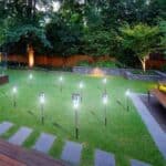 Solar powered garden lights in a backyard.