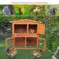A wooden rabbit hutch for small animals.